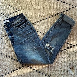KanCan distressed mid-rise boyfriend jeans with cuffed hem. Size 5. Never worn.